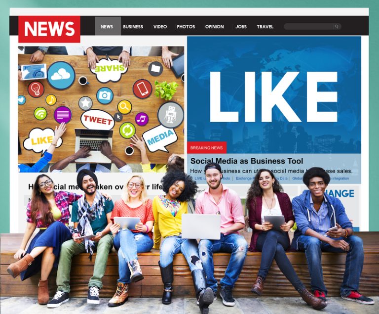 Young people sitting on a bench with laptops, the background has 2 images showing various social media marketing terms