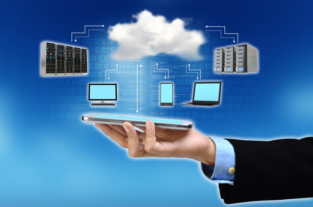 A palm with a mobile turned upwards surrounded by servers, laptops & other mobiles all connected by application integration
