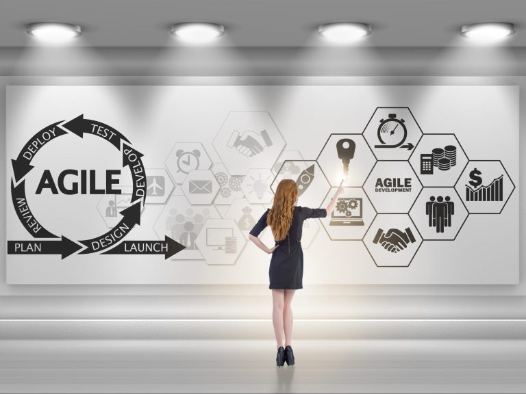 A lady standing in front of a large projector screen pointing towards a flow chart showing agile software development