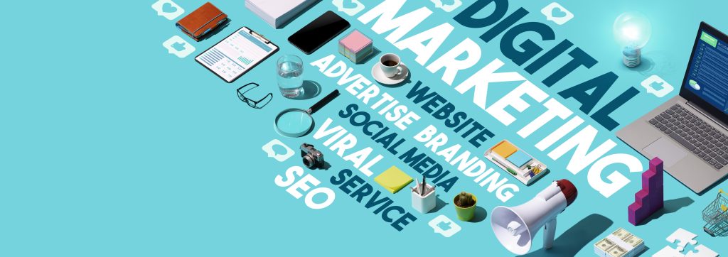 Collage of various items like laptop, tablet, phone and other things along with terms related to digital strategy
