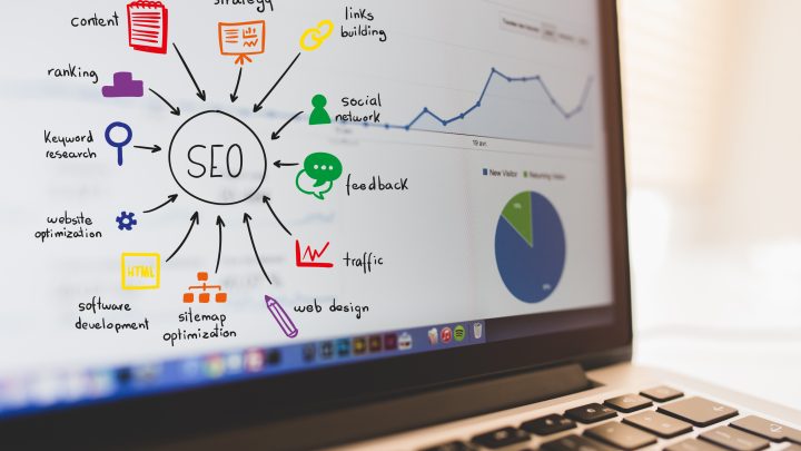 Laptop screen displaying a flowchart that has all the elements of SEO services