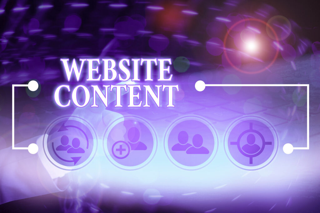 Image with icons related to website content writing services. Website content.