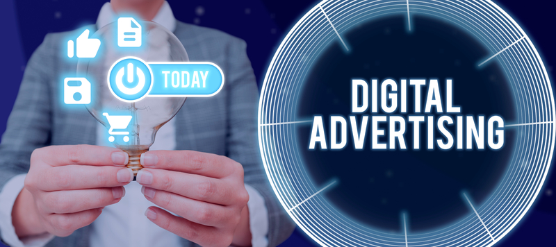 A digital advertising specialist in a suit holding a light bulb. virtual icons of digital advertising. Digital Advertising.